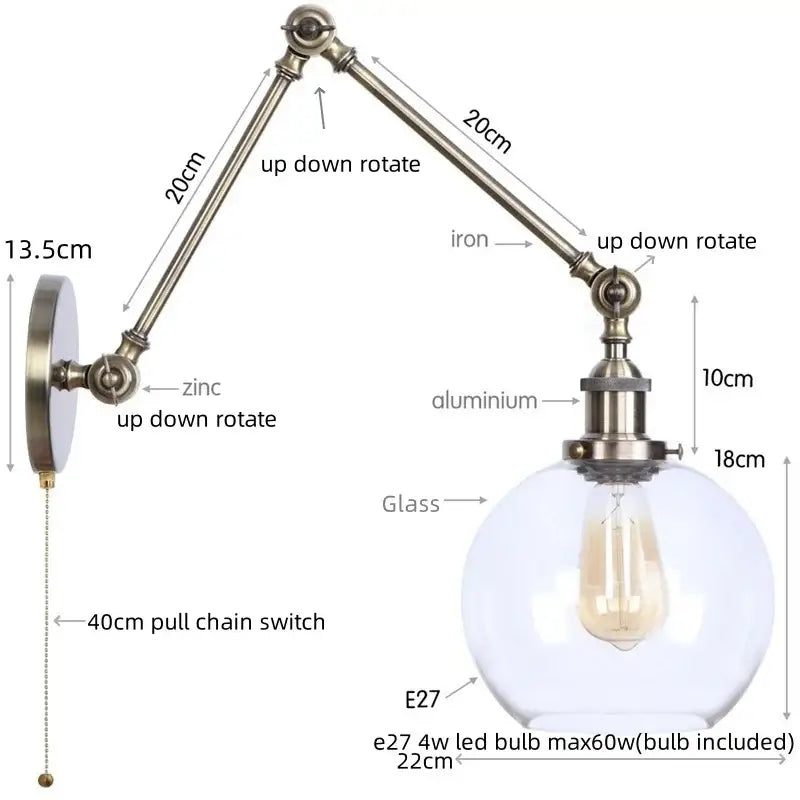 Industrial swing arm loft lamp antique brass bedroom sconce