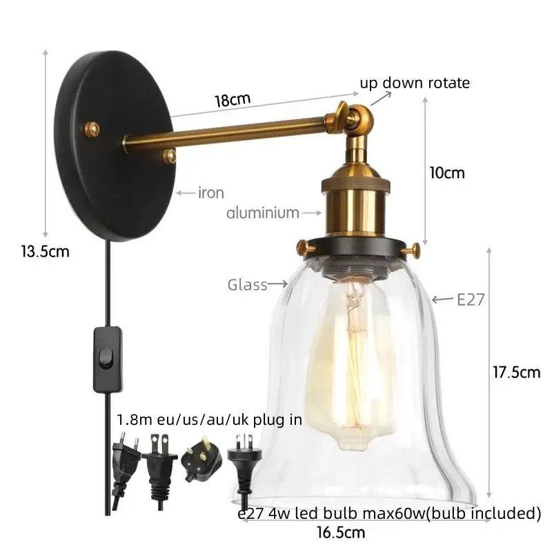 Industrial vintage antique brass wall sconce bedroom glass lamp