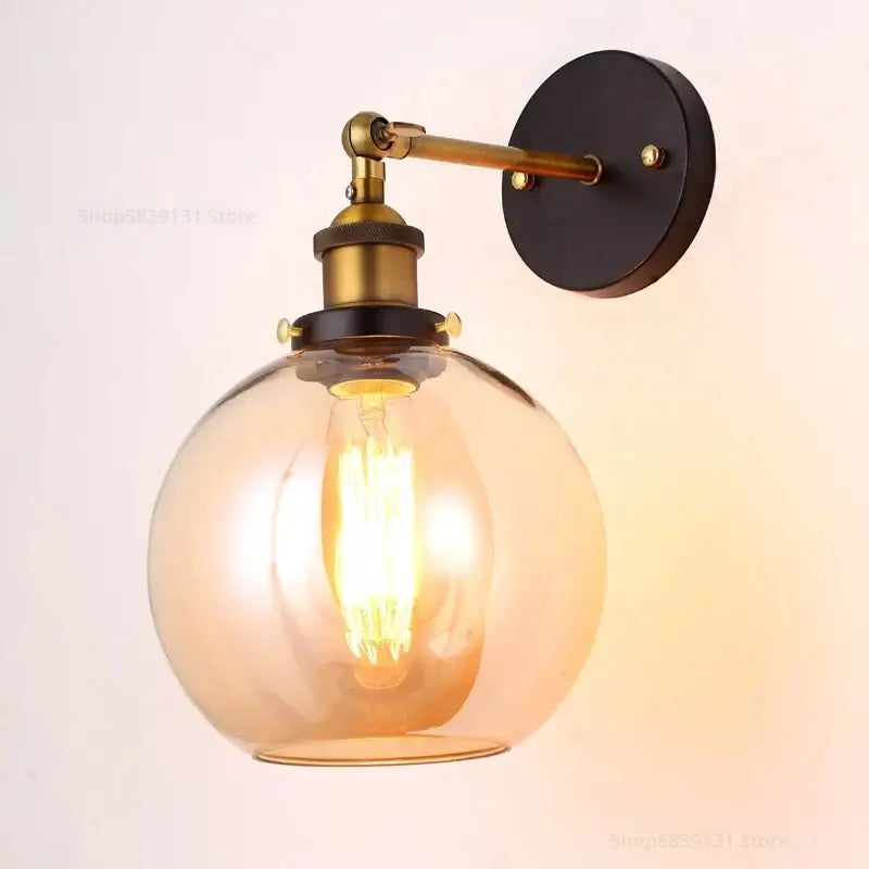 Industrial vintage black and brass wall sconce bedroom glass light