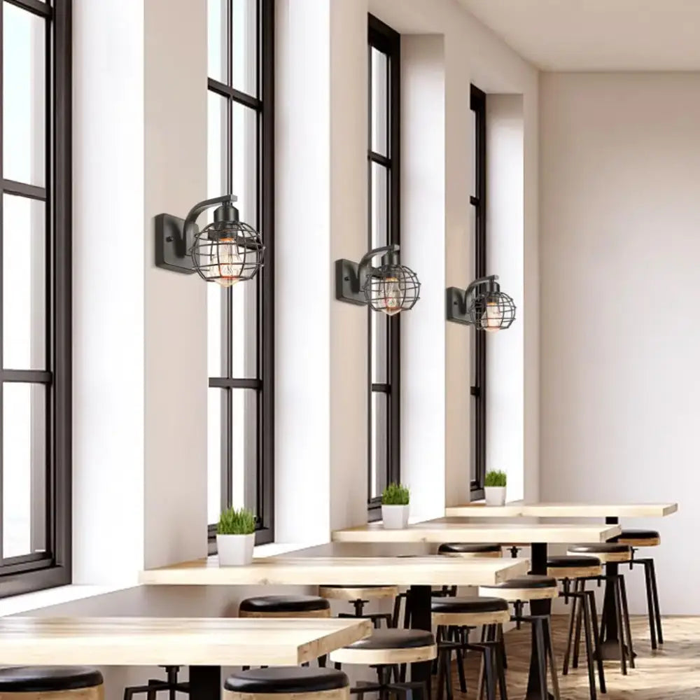 Industrial vintage black iron cage wall light bedroom sconce