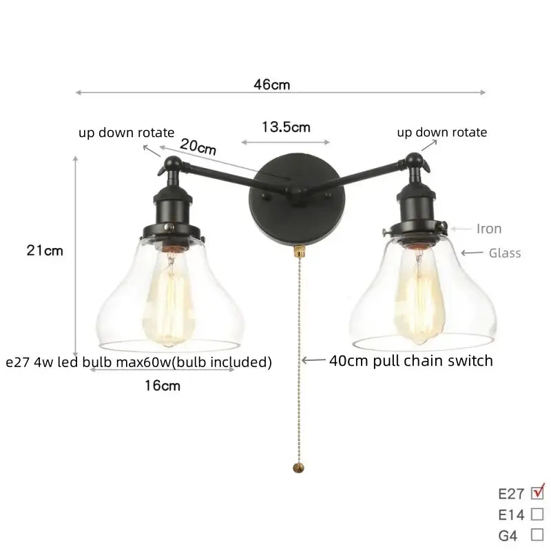 Industrial vintage black led wall lamp bathroom glass sconce
