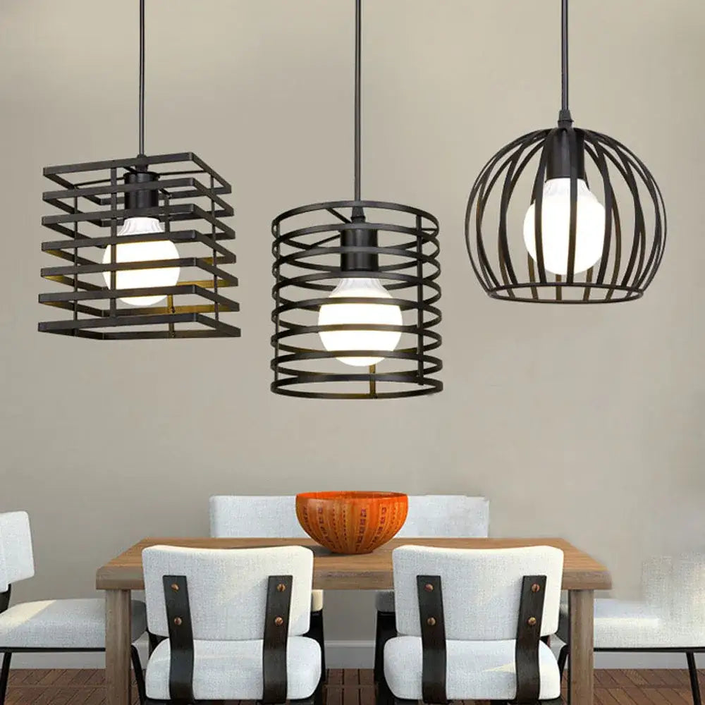 Industrial vintage black metal cage pendant light dining room set