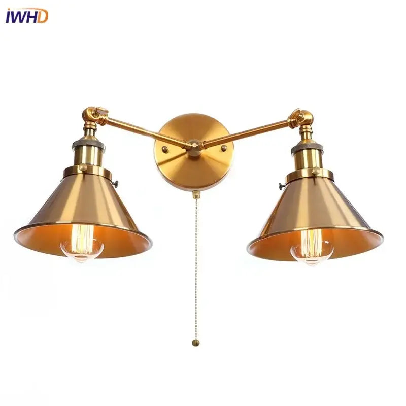 Industrial vintage gold brass wall light bedroom double arm sconce