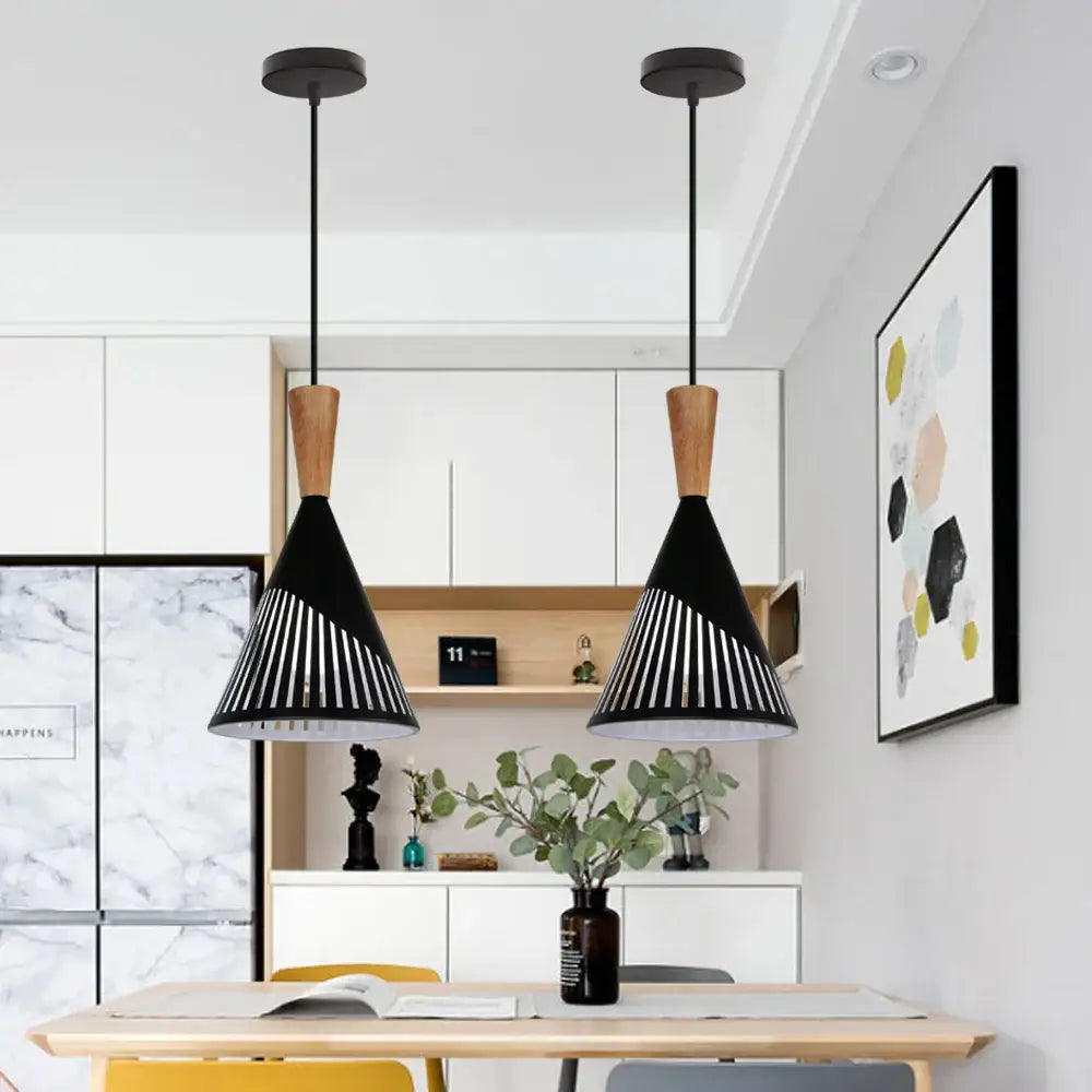 Industrial vintage pendant light black wood slatted kitchen lamp