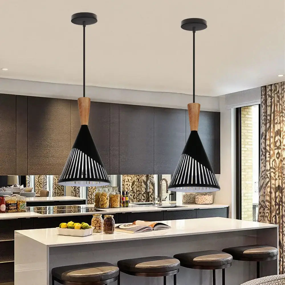 Industrial vintage pendant light black wood slatted kitchen lamp
