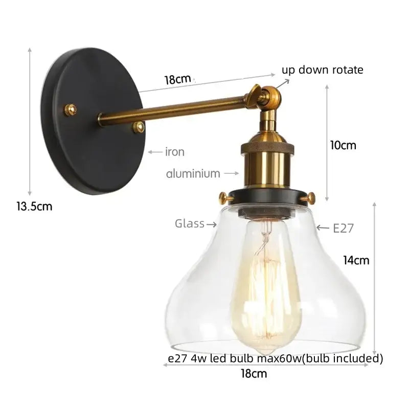 Industrial vintage silver glass wall lamp bedroom sconce