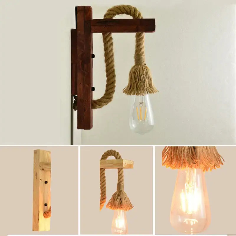 Industrial vintage wooden wall lamp bedroom rope sconce with tassel