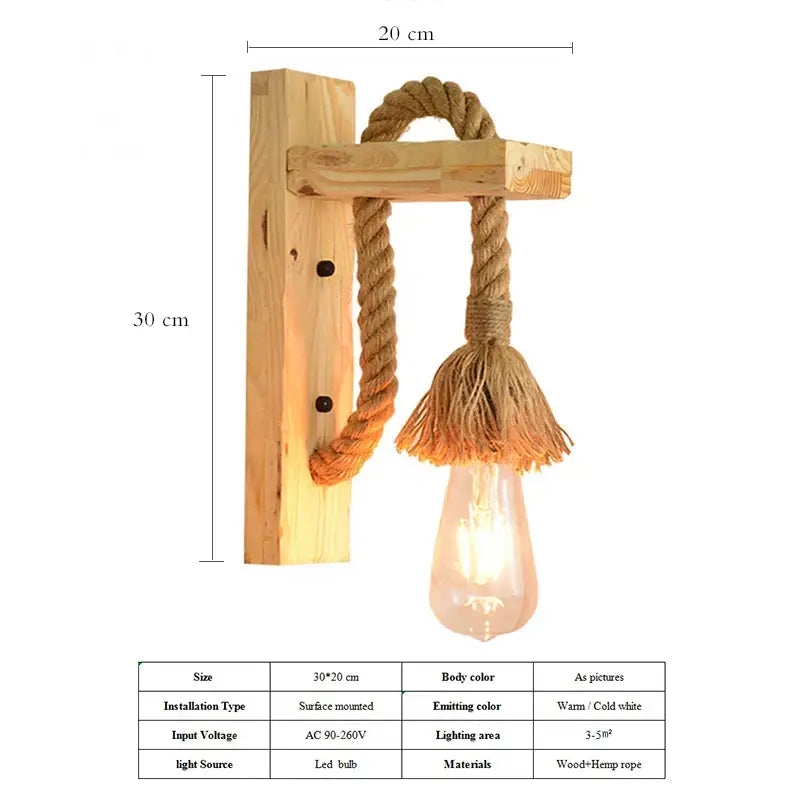 Industrial vintage wooden wall lamp bedroom rope sconce with tassel