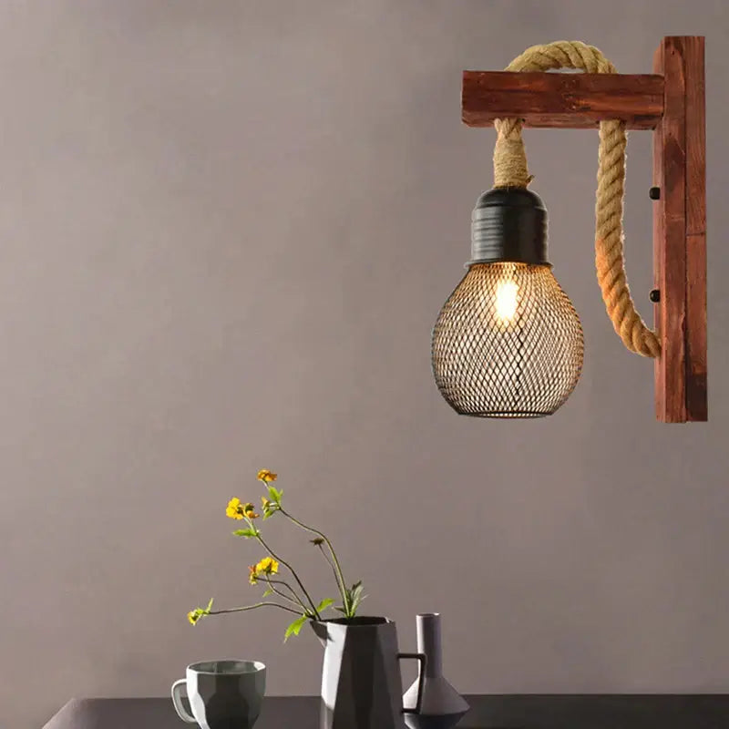 Industrial vintage wooden wall lamp bedroom rope sconce with tassel