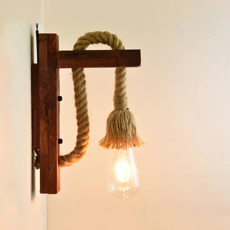 Industrial vintage wooden wall lamp bedroom rope sconce with tassel