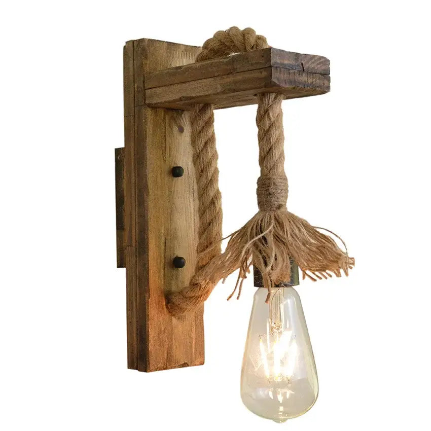 Industrial vintage wooden wall lamp bedroom rope sconce with tassel
