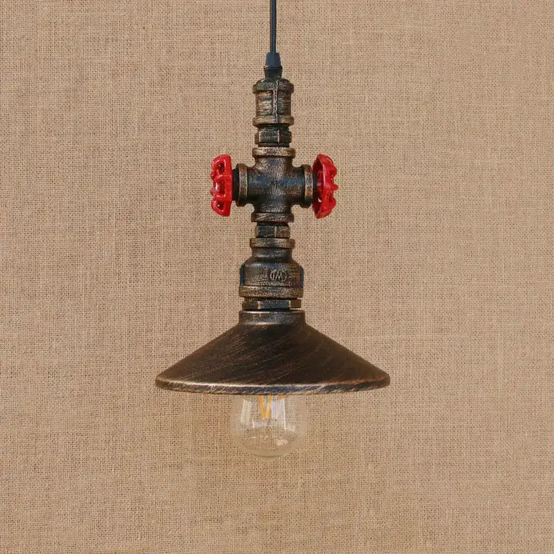 Industrial water pipe pendant light dining room with red valves