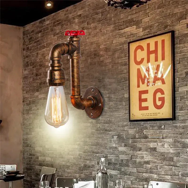 Industrial water pipe wall sconce for corridor with edison bulb