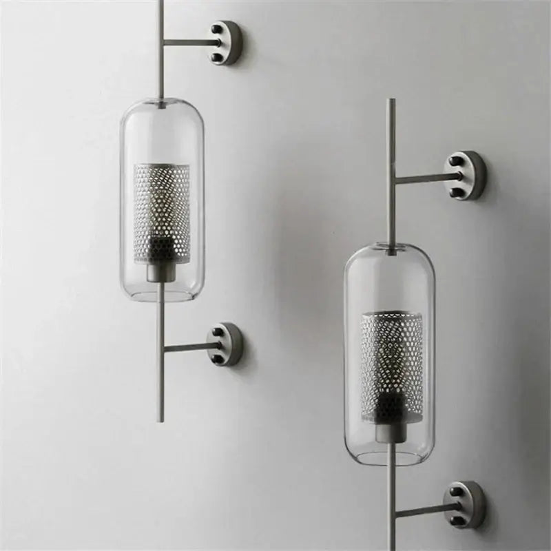 Industrial wind grid brass wall lamp living room glass globe sconce