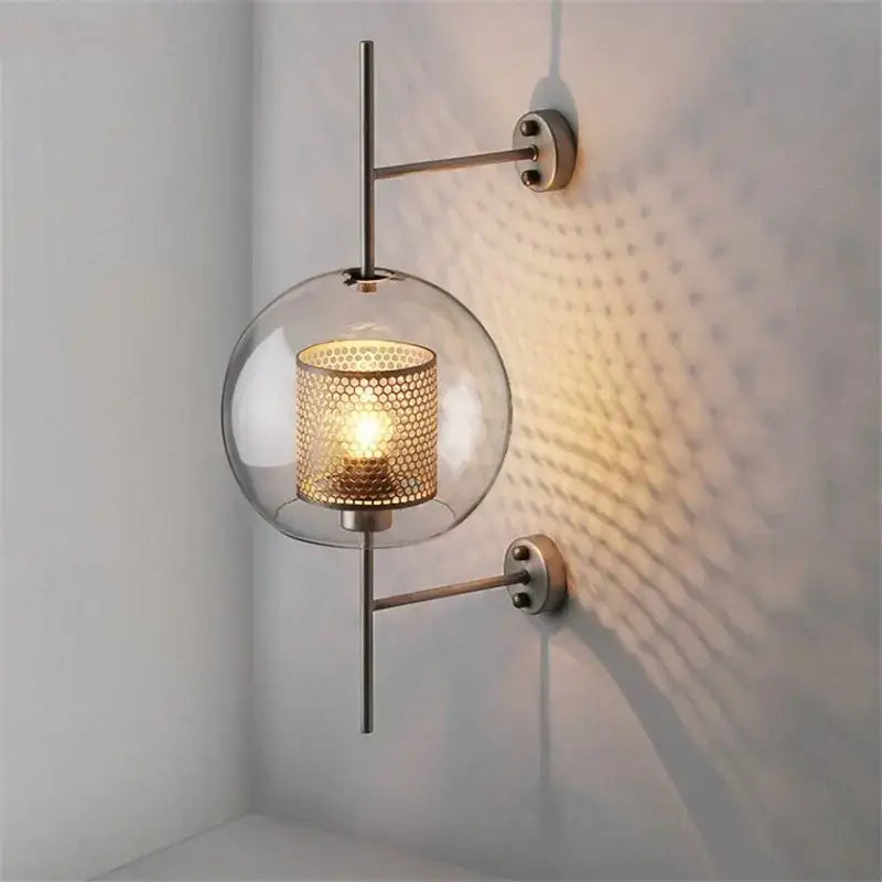 Industrial wind grid brass wall lamp living room glass globe sconce