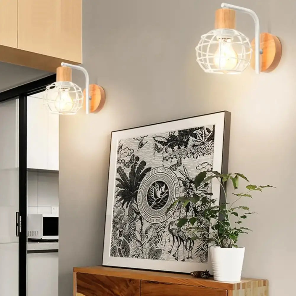 Industrial wire cage wall sconce black & white bedroom light fixture
