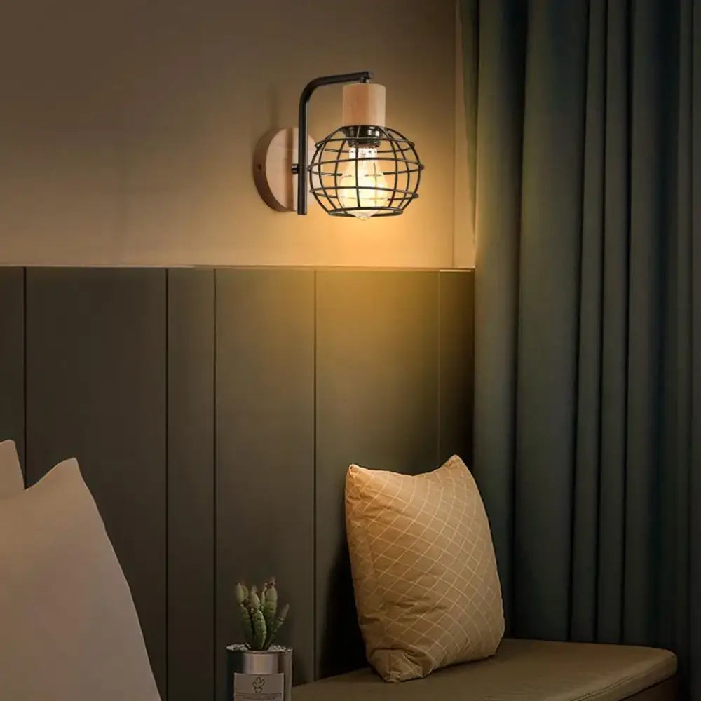 Industrial wire cage wall sconce black & white bedroom light fixture