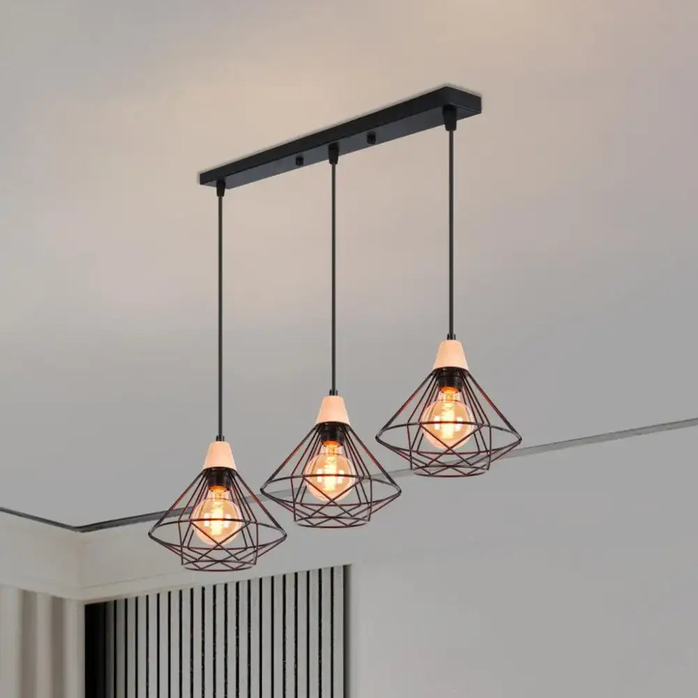 Industrial wood ceiling chandelier black metal cage bedroom light