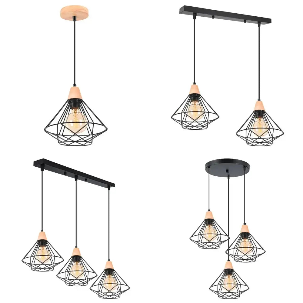 Industrial wood ceiling chandelier black metal cage bedroom light