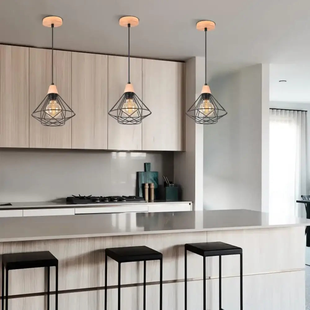 Industrial wood ceiling chandelier black metal cage bedroom light