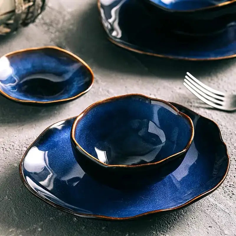 Irregular shape blue and gold ceramic dinner set – dining room kitchen