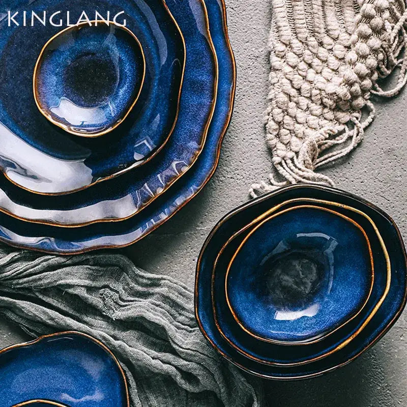 Irregular shape blue and gold ceramic dinner set – dining room kitchen