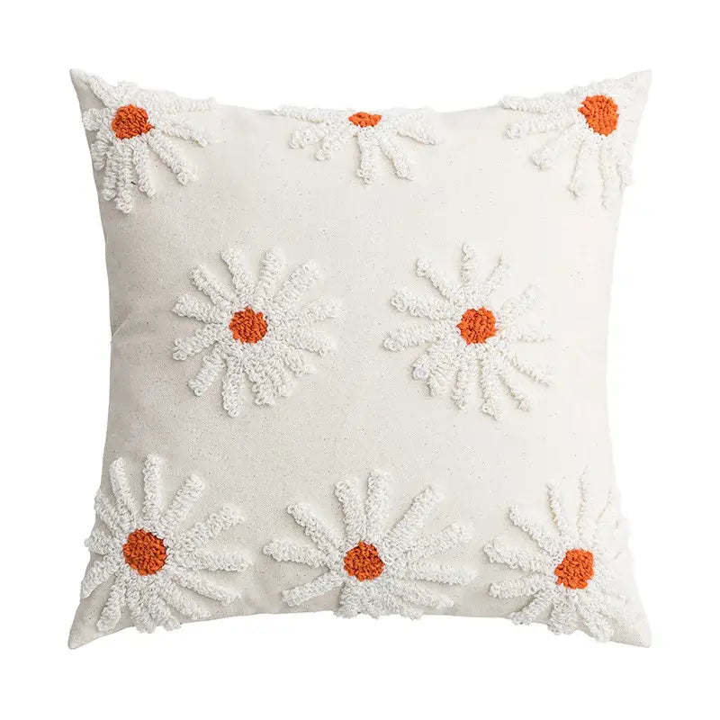 Ivory tufted cushion cover with white daisy embroidery living room