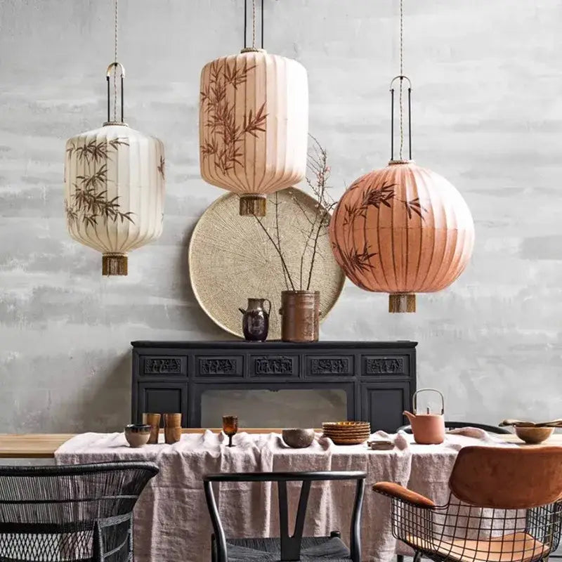 Japanese lantern painting peach fabric chandelier dining room light