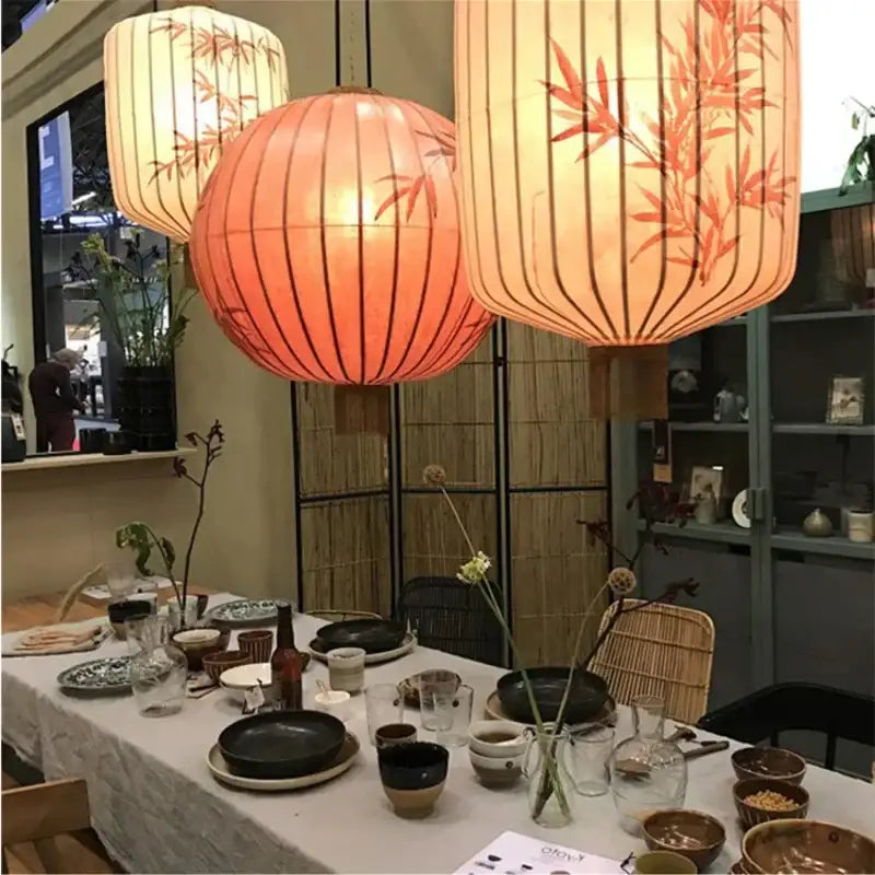 Japanese lantern painting peach fabric chandelier dining room light