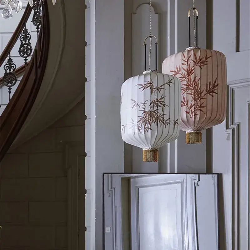 Japanese lantern painting peach fabric chandelier dining room light