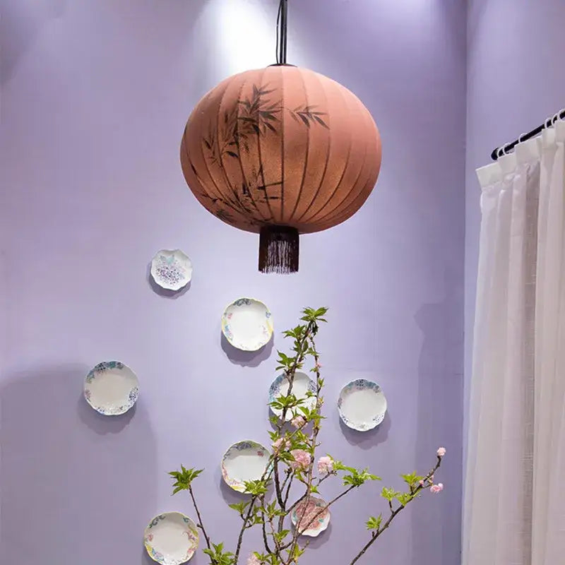 Japanese lantern painting peach fabric chandelier dining room light