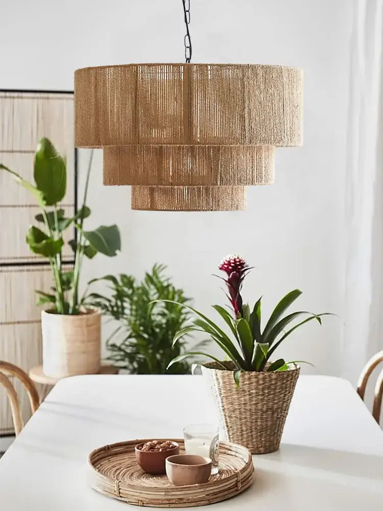 Japanese style golden tiered hemp rope pendant lights bedroom