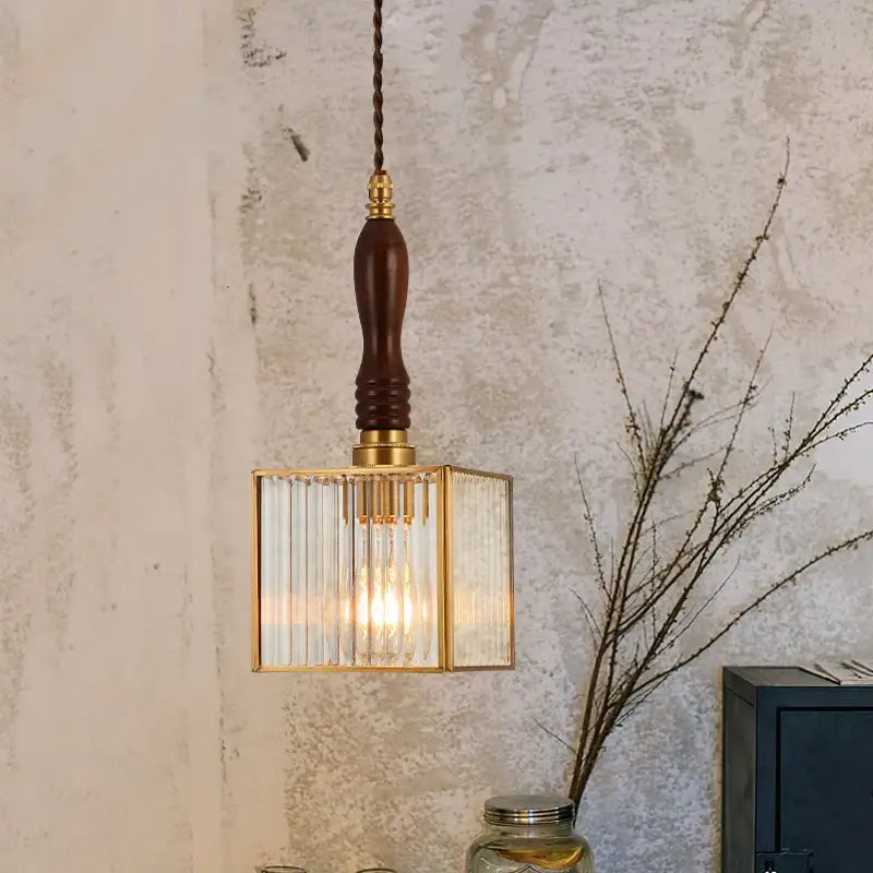 Japanese vintage brass and wood glass led pendant lamp dining room