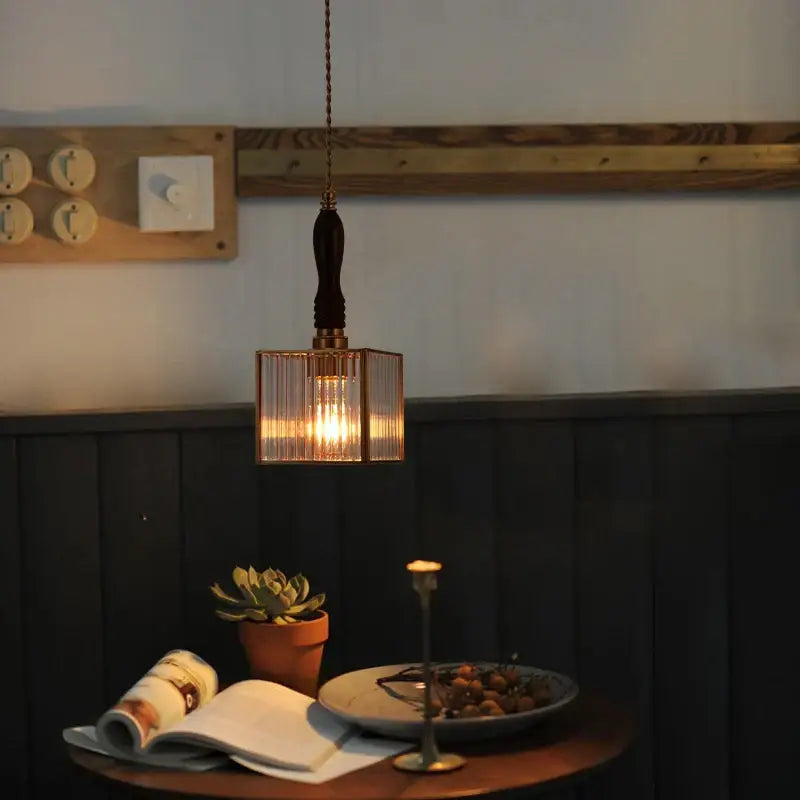 Japanese vintage brass and wood glass led pendant lamp dining room