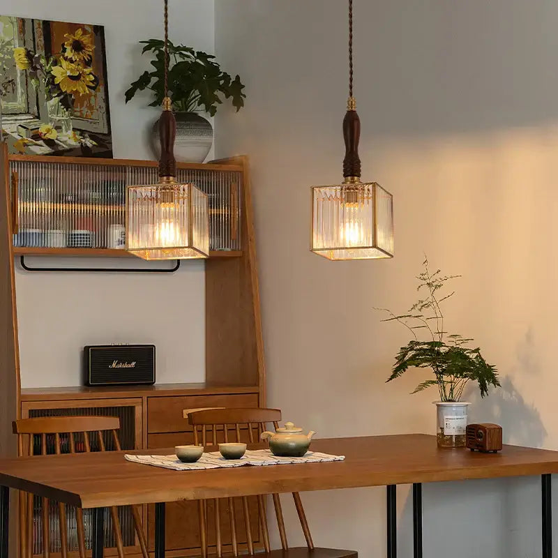 Japanese vintage brass and wood glass led pendant lamp dining room