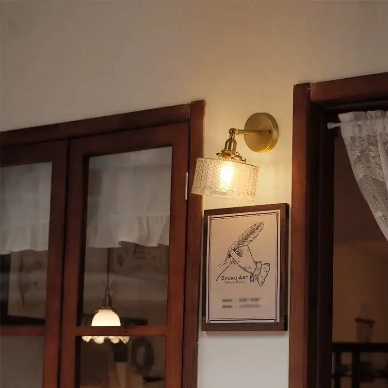 Japanese vintage gold bell glass led wall lamp bedroom pull chain