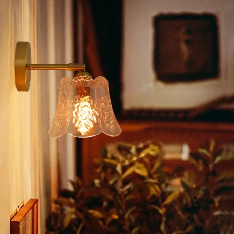 Japanese vintage gold bell glass led wall lamp bedroom pull chain