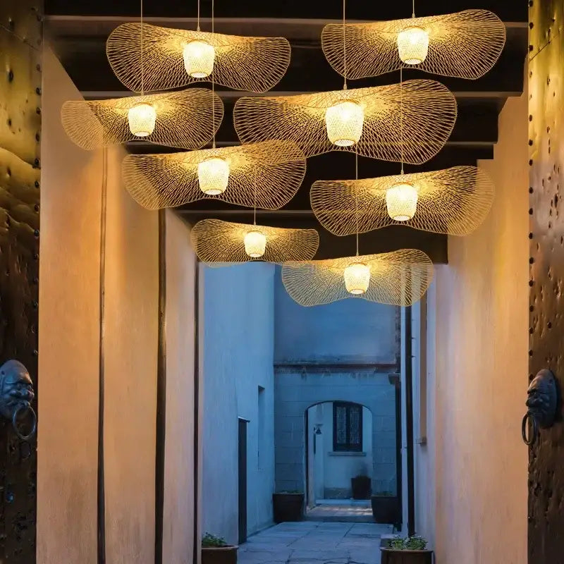 Japanese woven wave bamboo pendant chandelier dining room light