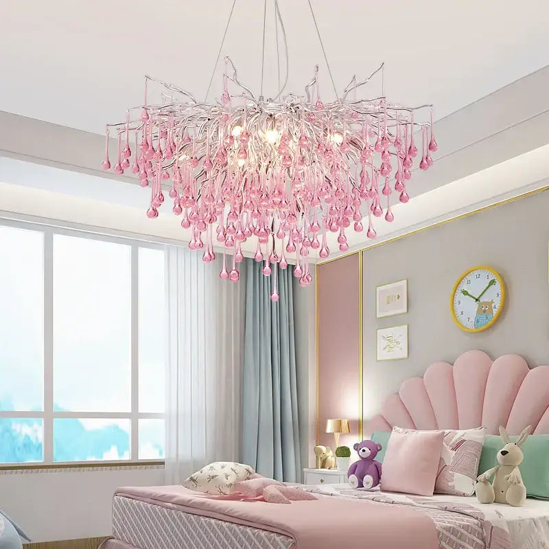Kids pink crystal chandelier bedroom tree branch ceiling light