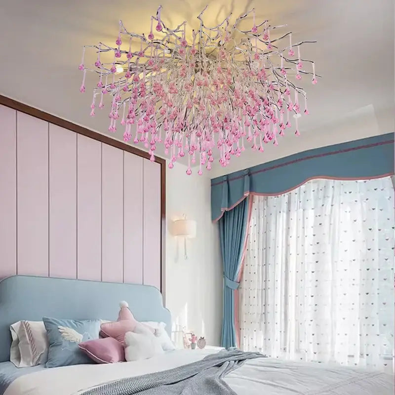 Kids pink crystal chandelier bedroom tree branch ceiling light