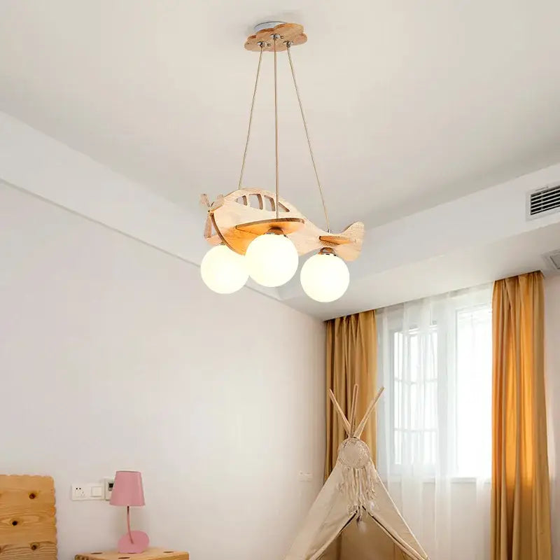 Kids wood airplane pendant light bedroom with frosted glass bulbs