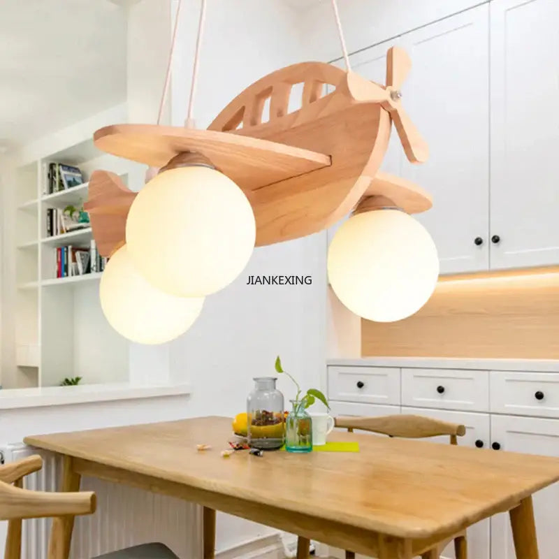Kids wood airplane pendant light bedroom with frosted glass bulbs