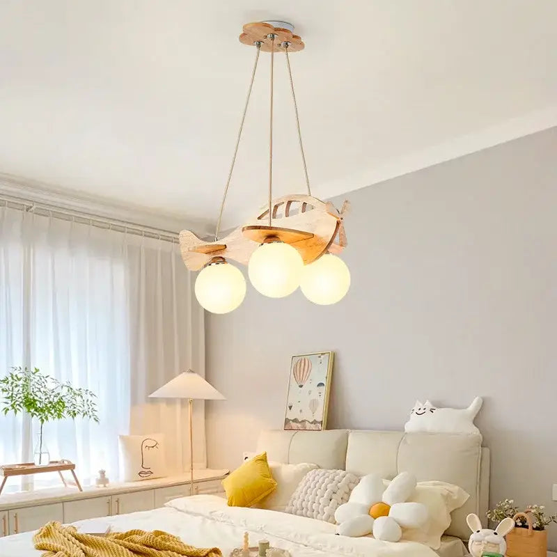 Kids wood airplane pendant light bedroom with frosted glass bulbs
