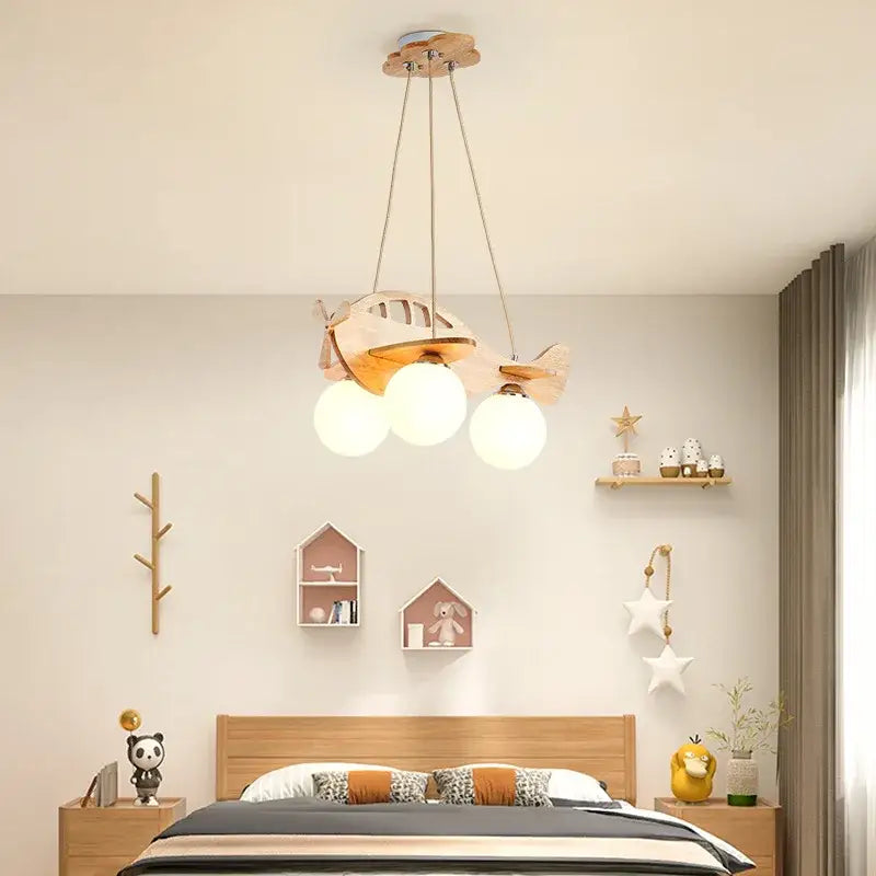 Kids wood airplane pendant light bedroom with frosted glass bulbs