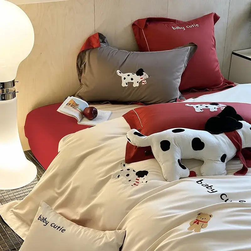 King bear embroidered white & red bedding set bedroom duvet cover