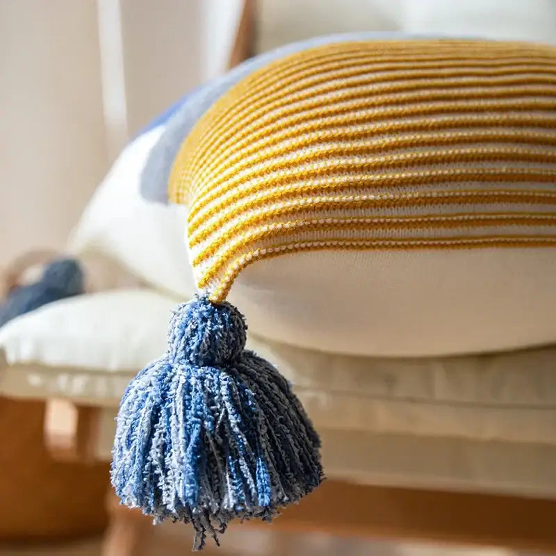 Knit stripe pillow cover coral & white living room with tassels