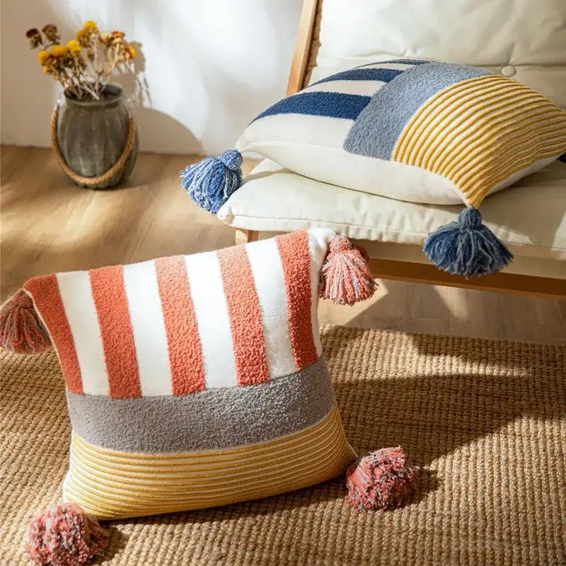 Knit stripe pillow cover coral & white living room with tassels