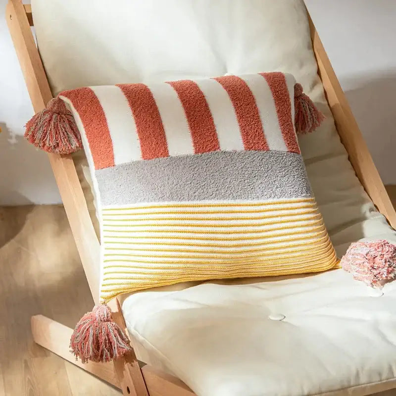 Knit stripe pillow cover coral & white living room with tassels