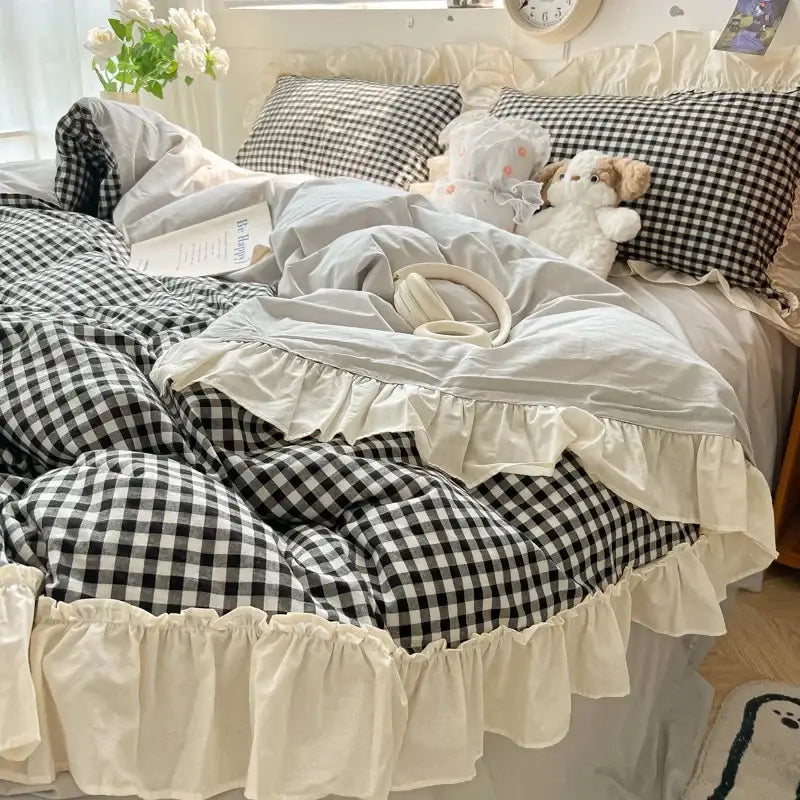Korean grid lace blue & white gingham bedding set bedroom duvet cover