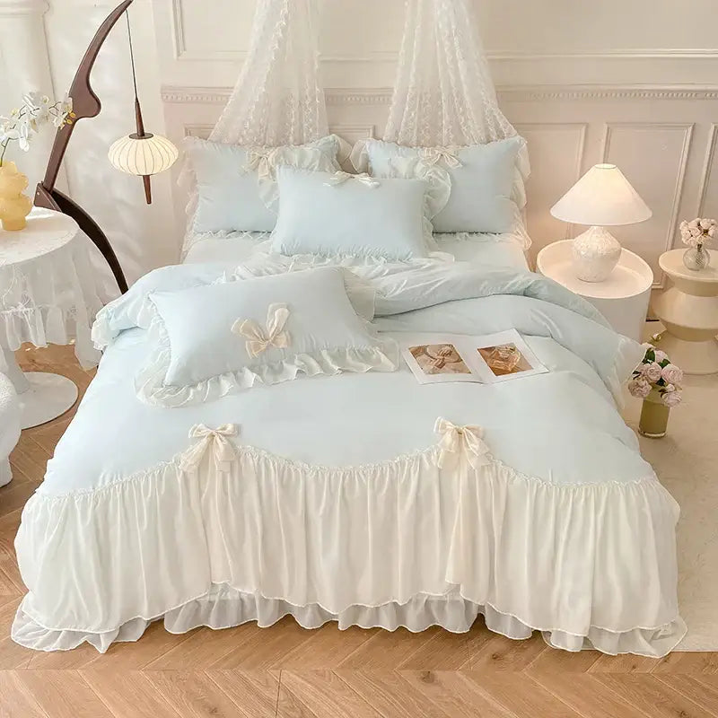 Korean lace bow bedding set blue & cream ruffled bedroom decor